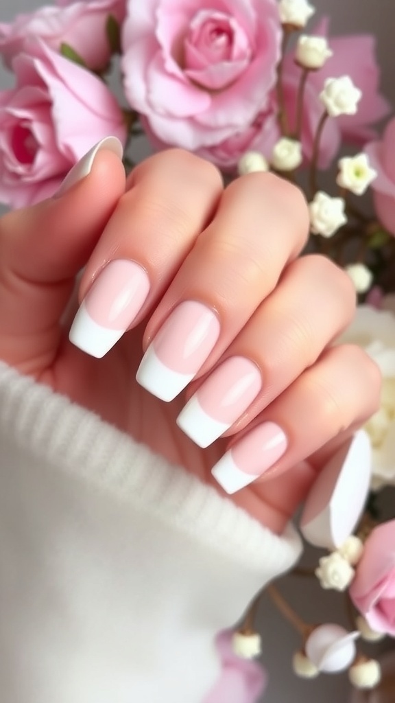 Buttercream French Nails Tutorial A close-up of buttercream French nails with white tips, set against a floral background.